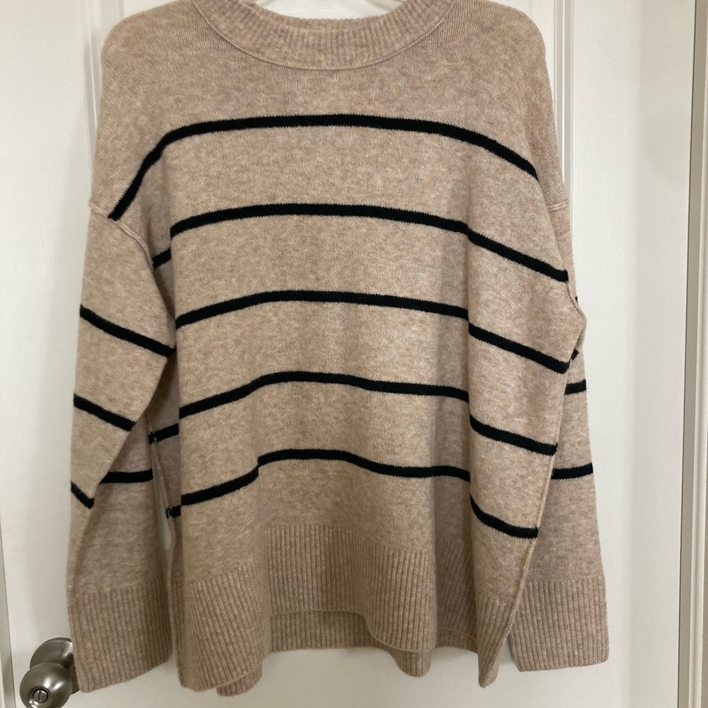 Aerie Tan and Black Striped Crew Neck Sweater